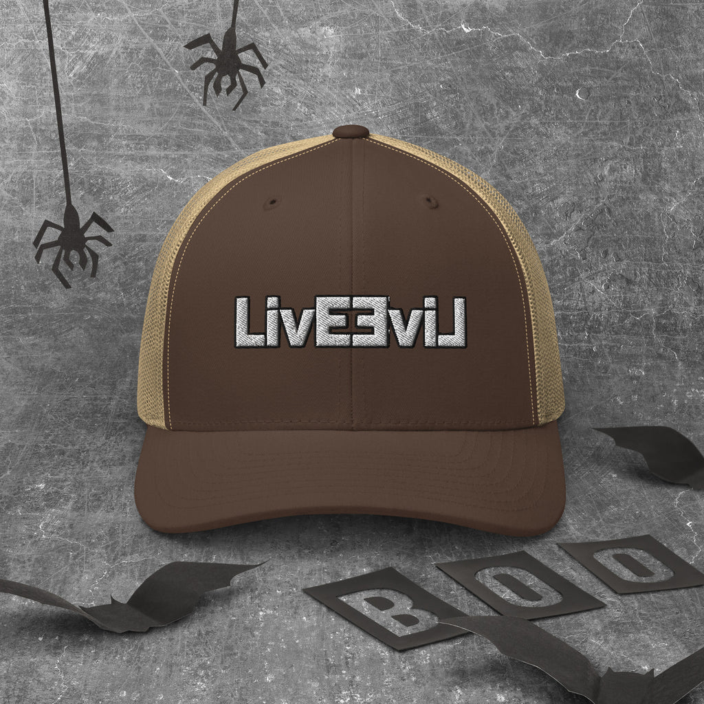LivEƎvi⅃ trucker cap in brown and khaki, front view