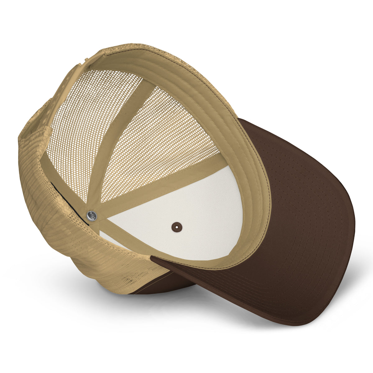 LivEƎvi⅃ trucker cap in brown and khaki, product detail view