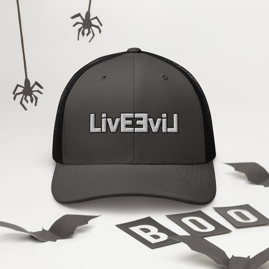 LivEƎvi⅃ trucker cap in charcoal and black, alternate front view