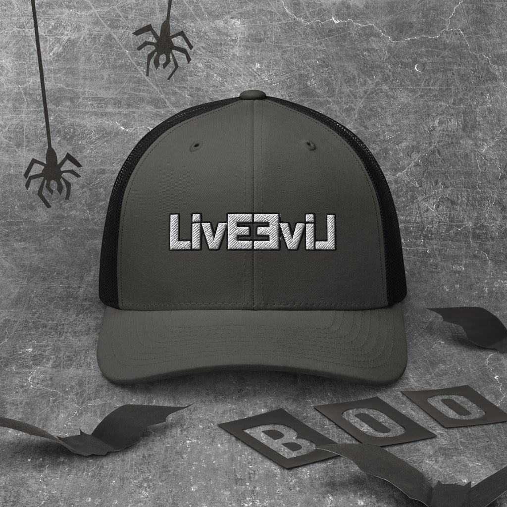 LivEƎvi⅃ trucker cap in charcoal and black, front view