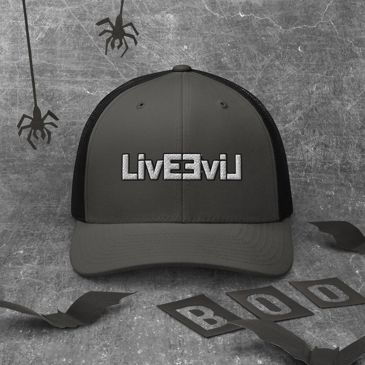 LivEƎvi⅃ trucker cap in charcoal and black, front view