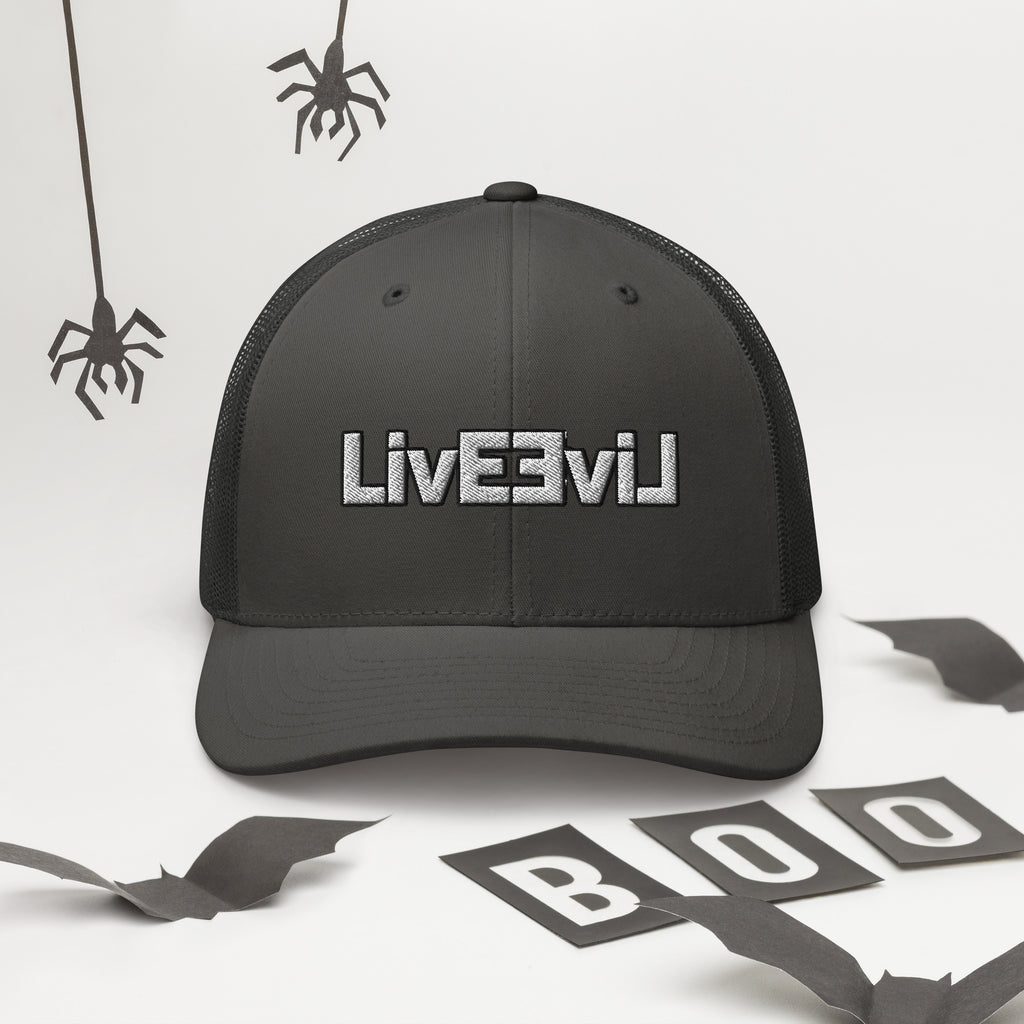 LivEƎvi⅃ trucker cap in charcoal, alternate front view