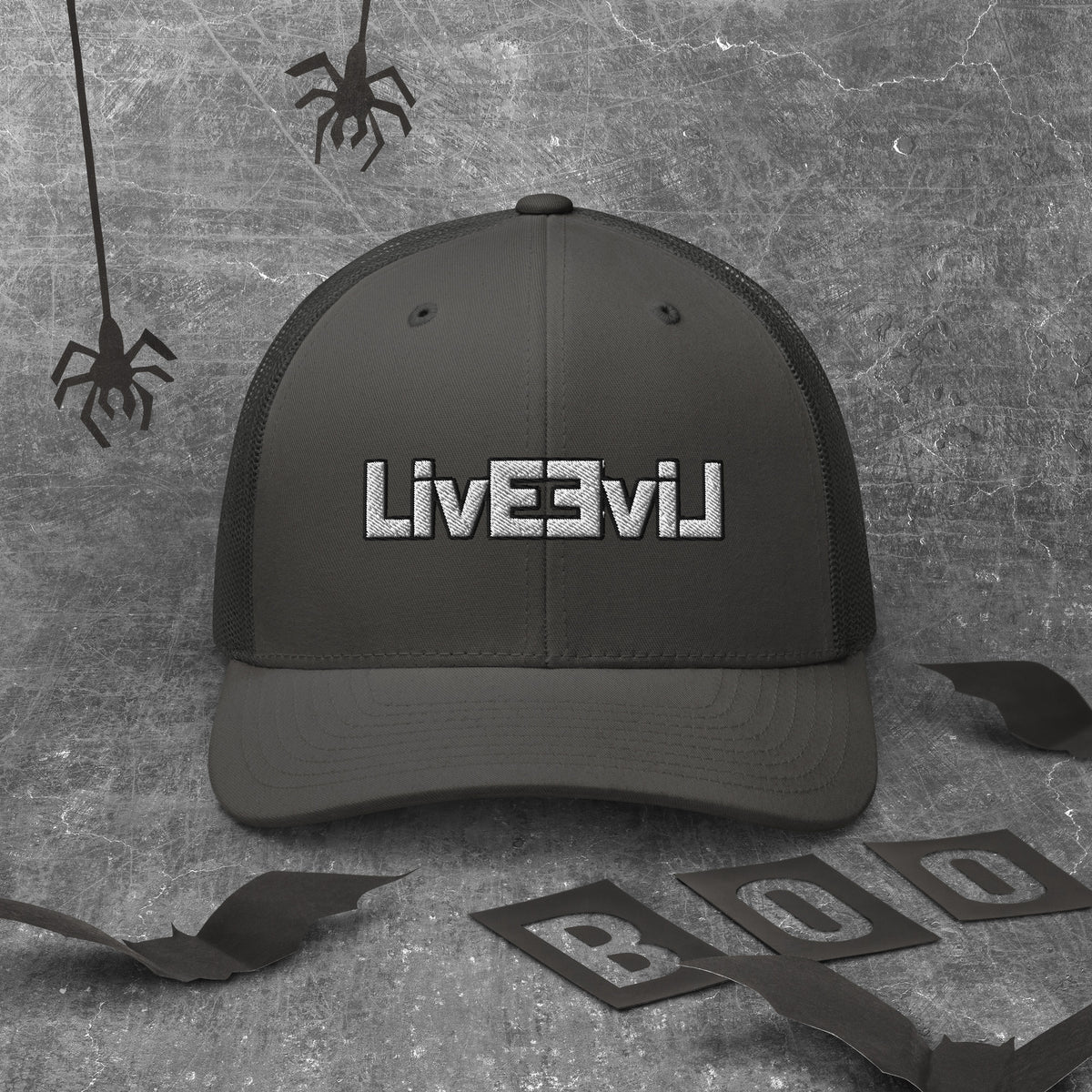 LivEƎvi⅃ trucker cap in charcoal, front view