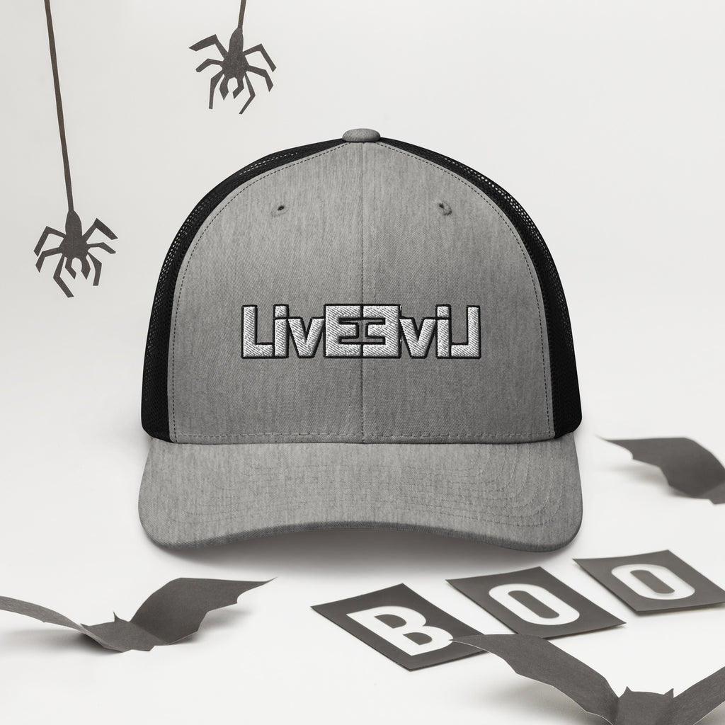 LivEƎvi⅃ trucker cap in heather and black, alternate front view