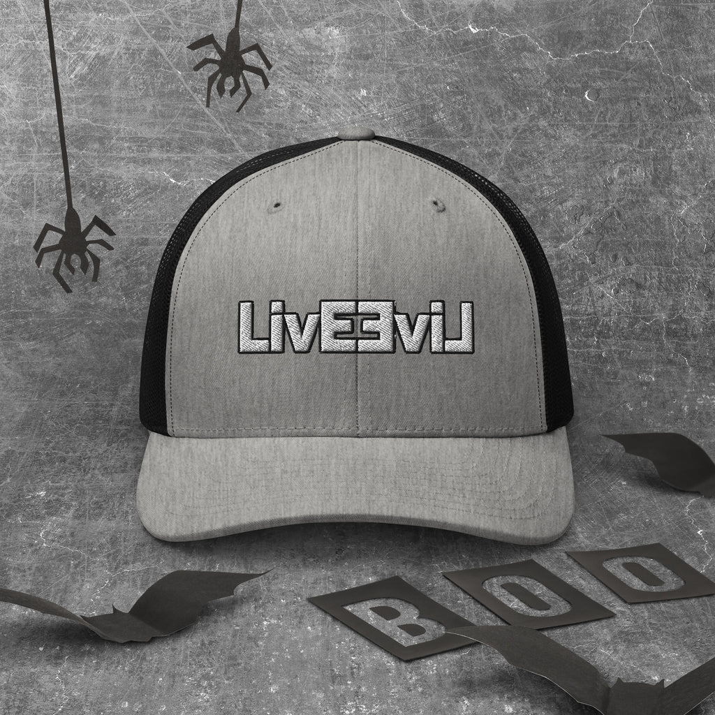 LivEƎvi⅃ trucker cap in heather and black, front view