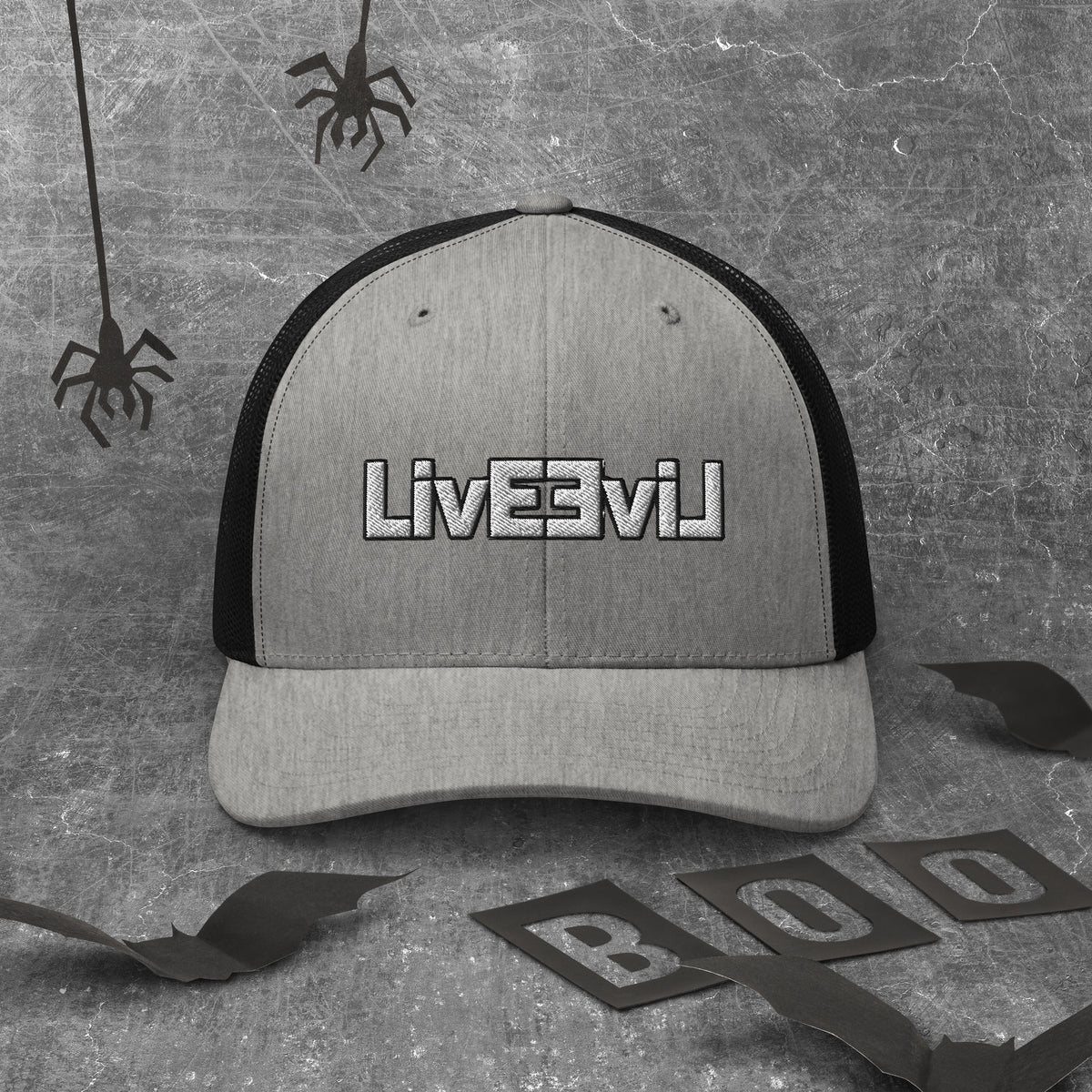 LivEƎvi⅃ trucker cap in heather and black, front view