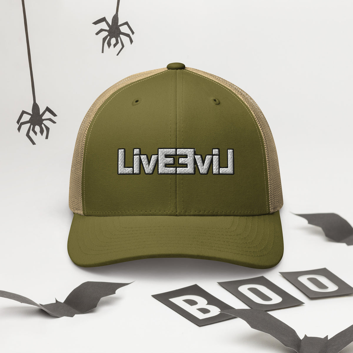 LivEƎvi⅃ trucker cap in moss and khaki, alternate front view