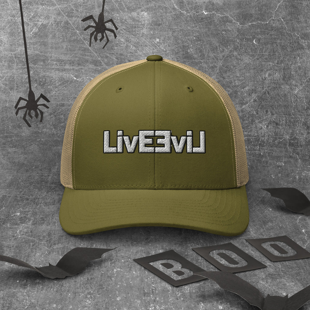 LivEƎvi⅃ trucker cap in moss and khaki, front view