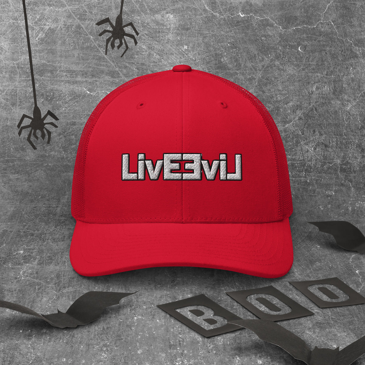 LivEƎvi⅃ trucker cap in red, front view
