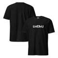 LivEƎvi⅃ 1OF3 logo graphic T-shirt in black, front and back view