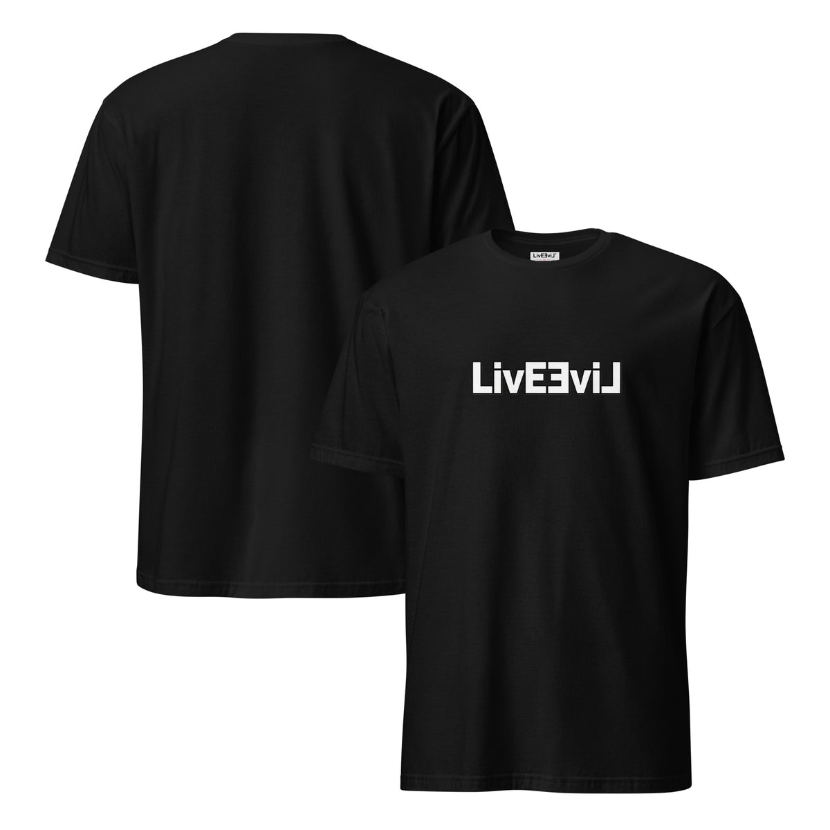LivEƎvi⅃ 1OF3 logo graphic T-shirt in black, front and back view
