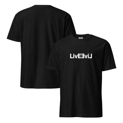 LivEƎvi⅃ 1OF3 logo graphic T-shirt in black, front and back view