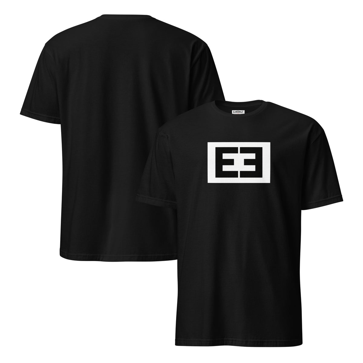 LivEƎvi⅃ 2OF3 Different on Purpose graphic tee in black, front and back view
