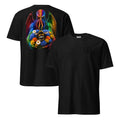 Cthulhu's Beautiful Flowers LivEƎvi⅃ graphic T-shirt in black, front and back view