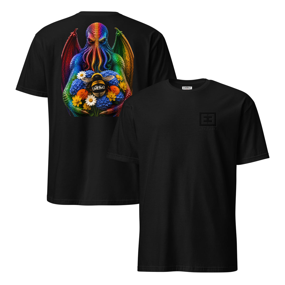 Cthulhu's Beautiful Flowers LivEƎvi⅃ graphic T-shirt in black, front and back view
