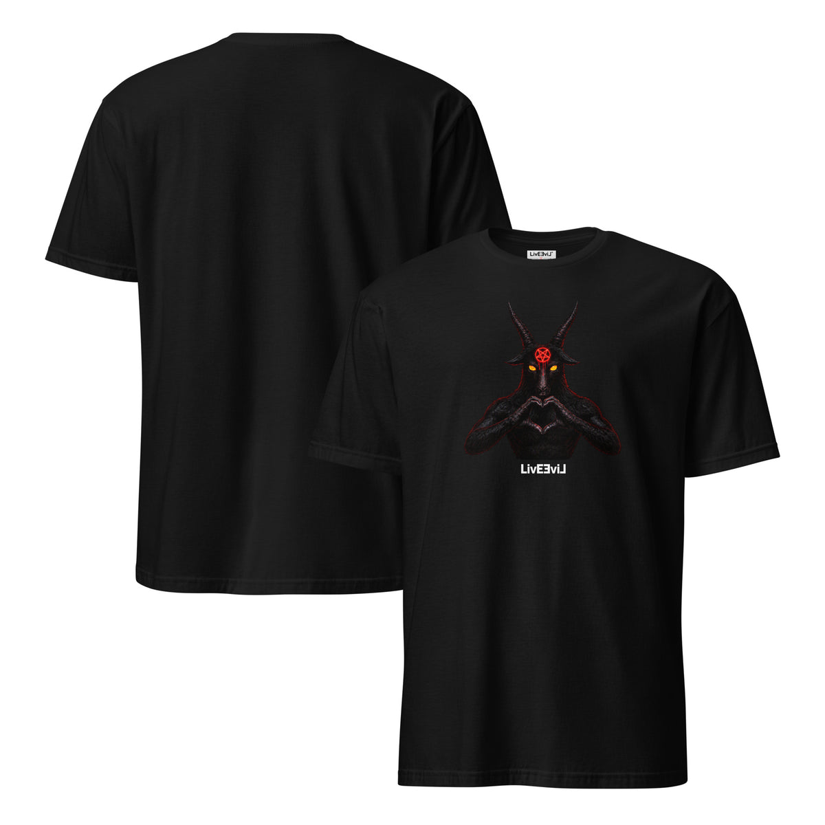 Baphomet Loves You LivEƎvi⅃ graphic T-shirt in black, front and back view