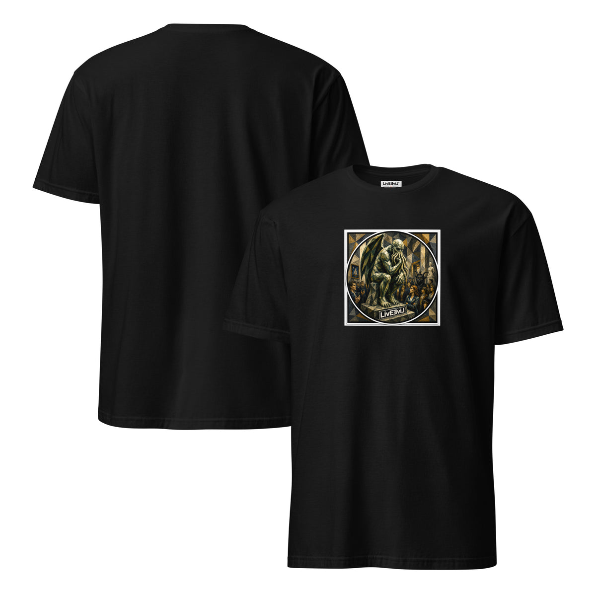 Cthulhu The Thinker LivEƎvi⅃ graphic T-shirt in black, front and back view