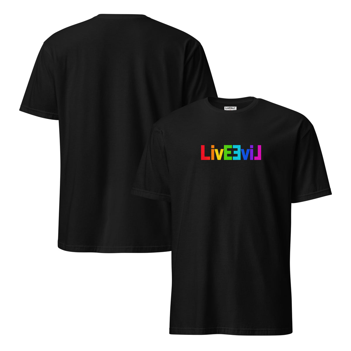 LivEƎvi⅃ Rainbow Classic Logo graphic tee in black, front and back view