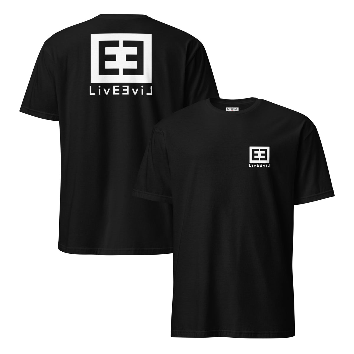 LivEƎvi⅃ 3OF3 graphic T-shirt in black, front and back view