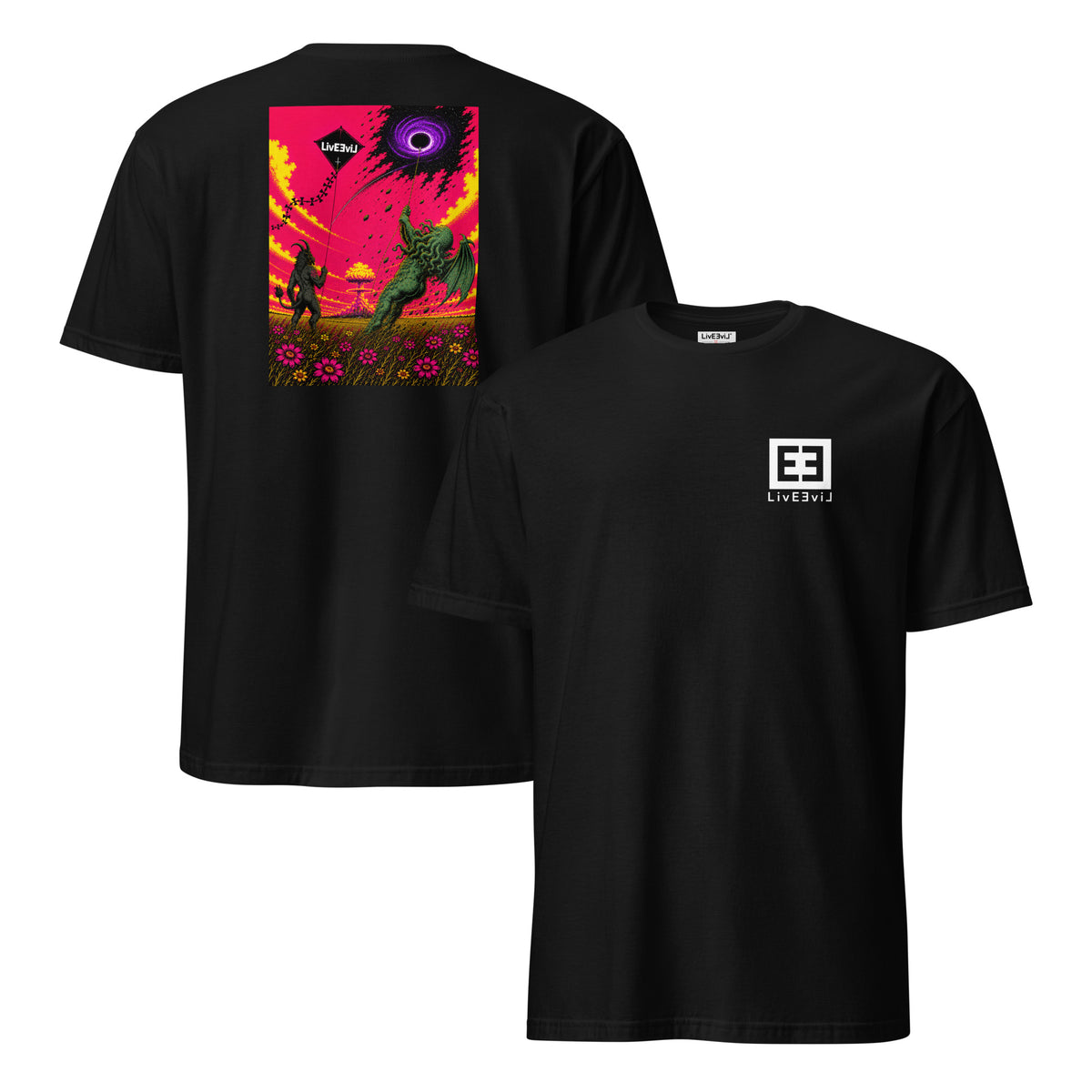 Kite Chaos LivEƎvi⅃ graphic T-shirt in black, front and back view