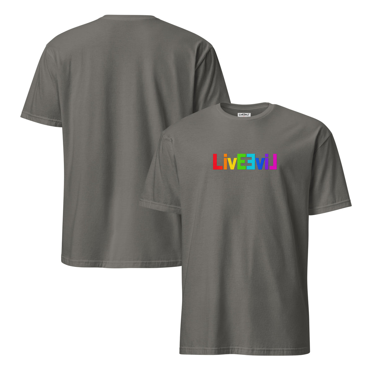 Rainbow Classic Logo LivEƎvi⅃ graphic tee in charcoal, front and back view