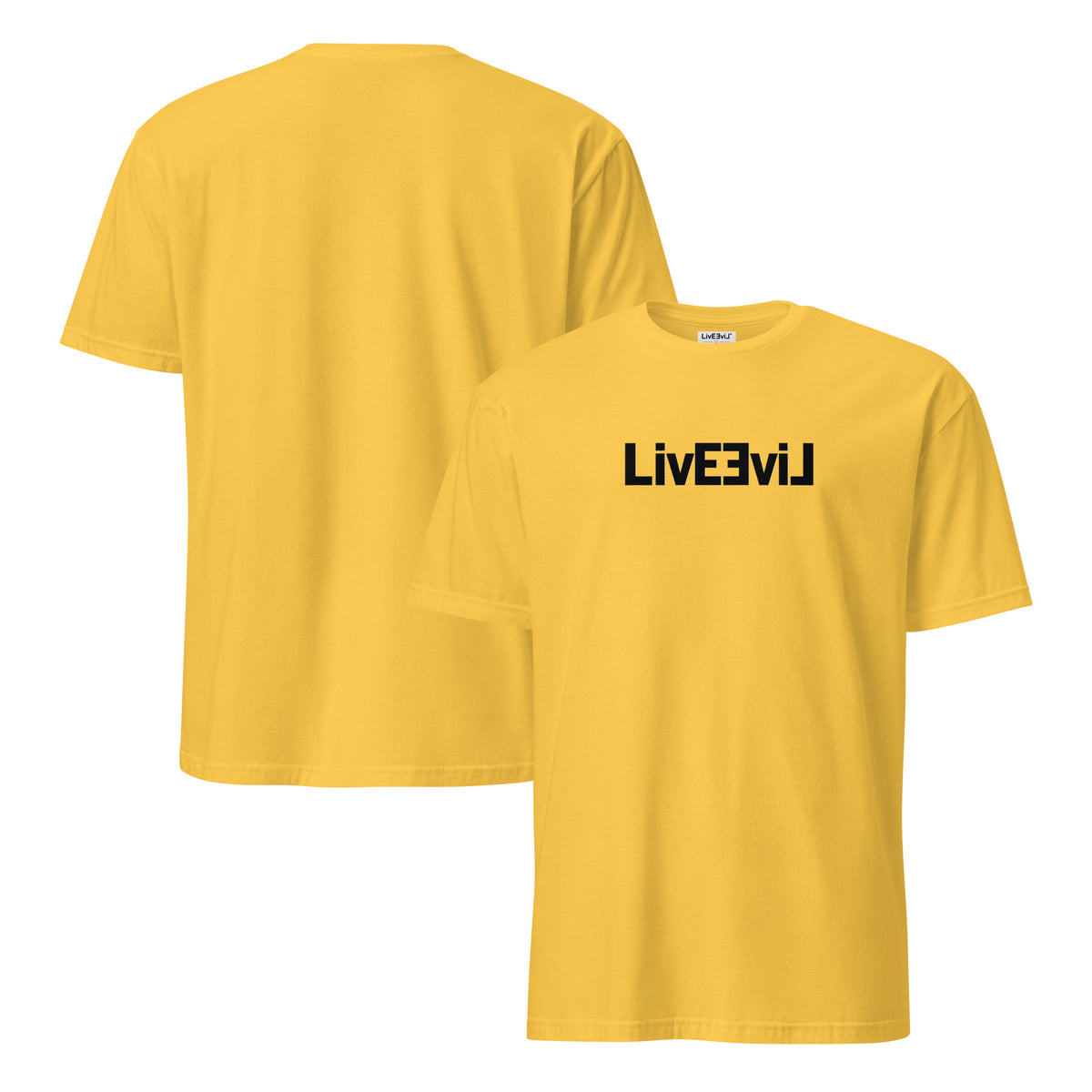 LivEƎvi⅃ Original Logo light colors graphic tee in daisy, front and back view