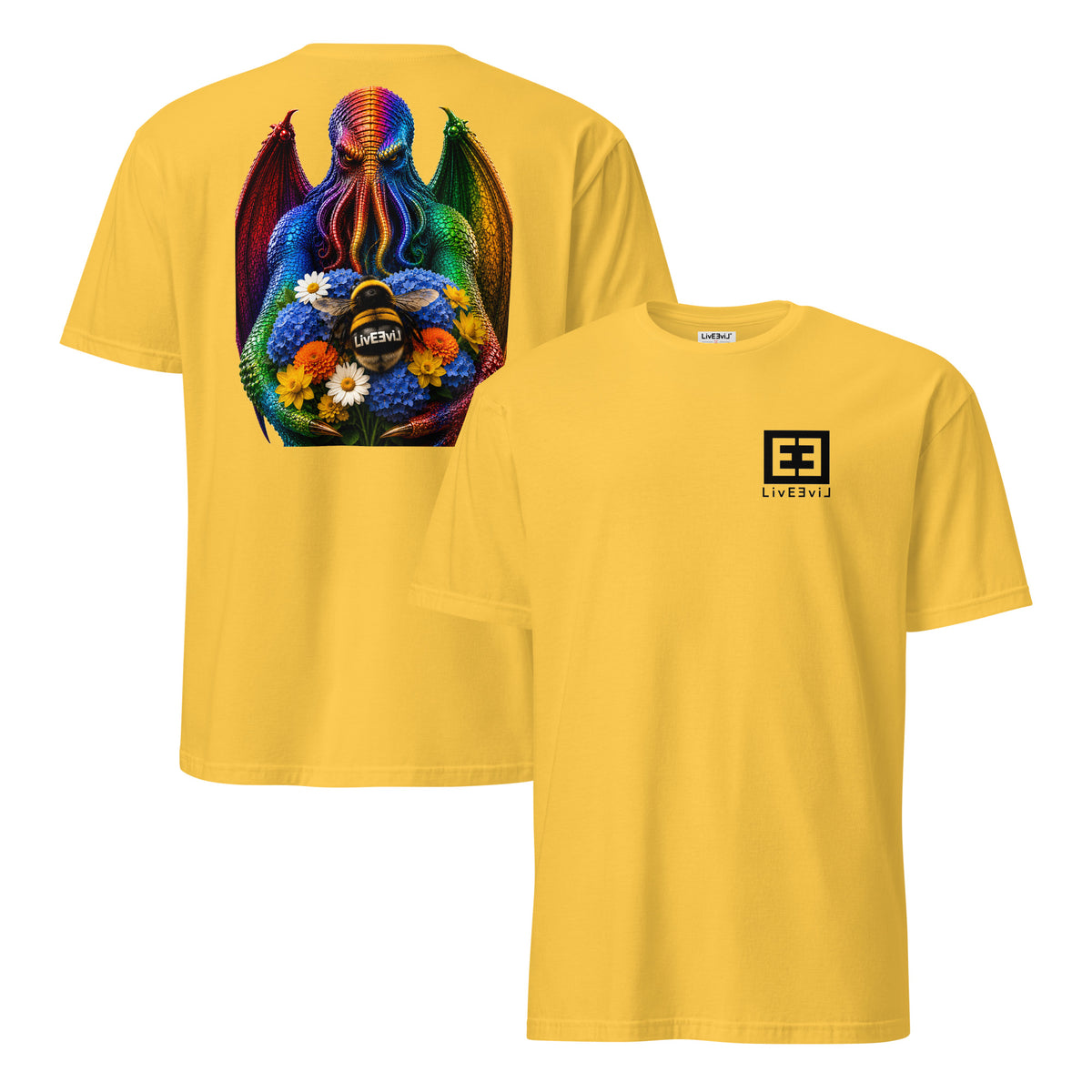 Cthulhu's Beautiful Flowers LivEƎvi⅃ graphic tee in daisy, front and back view