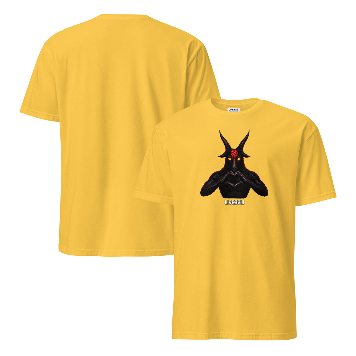 Baphomet Loves You LivEƎvi⅃ graphic tee in daisy, front and back view