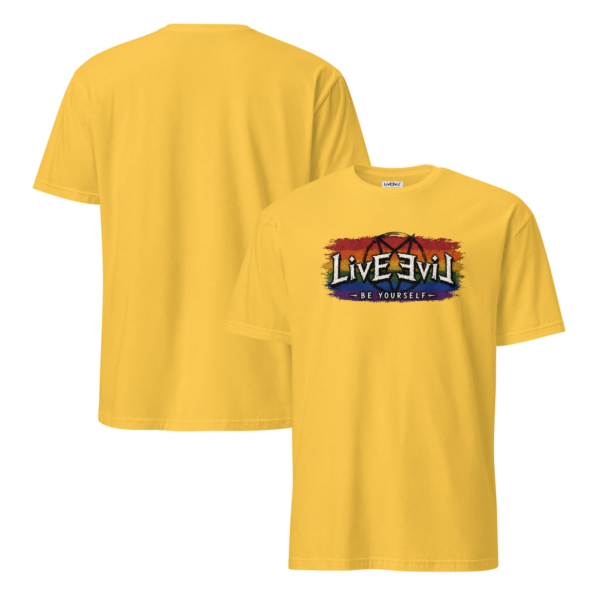 Be Yourself LivEƎvi⅃ graphic tee in daisy, front and back view