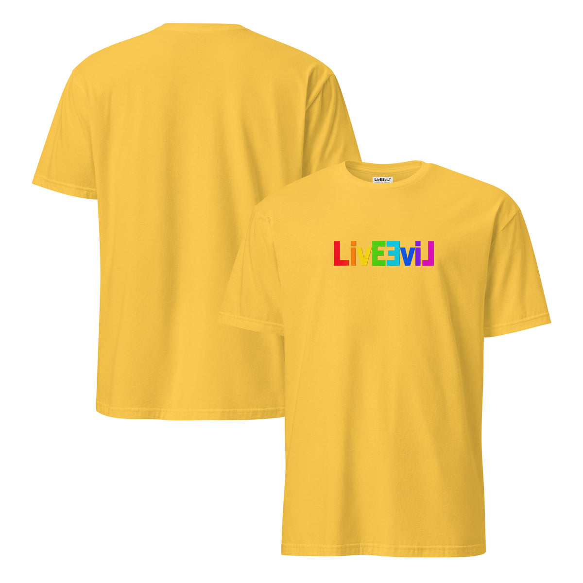 Rainbow Classic Logo LivEƎvi⅃ graphic tee in daisy, front and back view