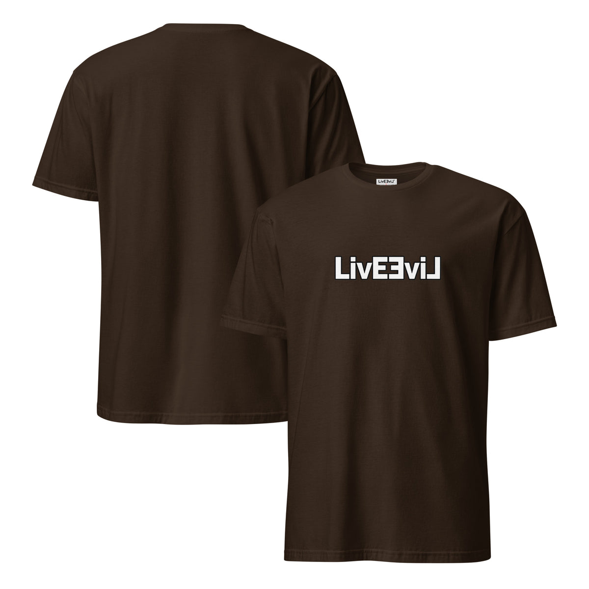 LivEƎvi⅃ 1OF3 logo graphic tee in dark chocolate, front and back view