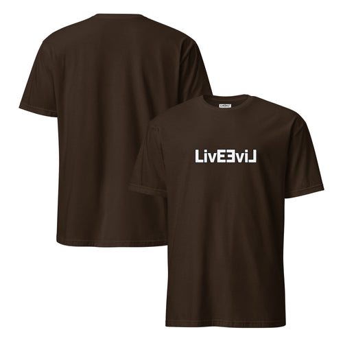 LivEƎvi⅃ 1OF3 logo graphic tee in dark chocolate, front and back view