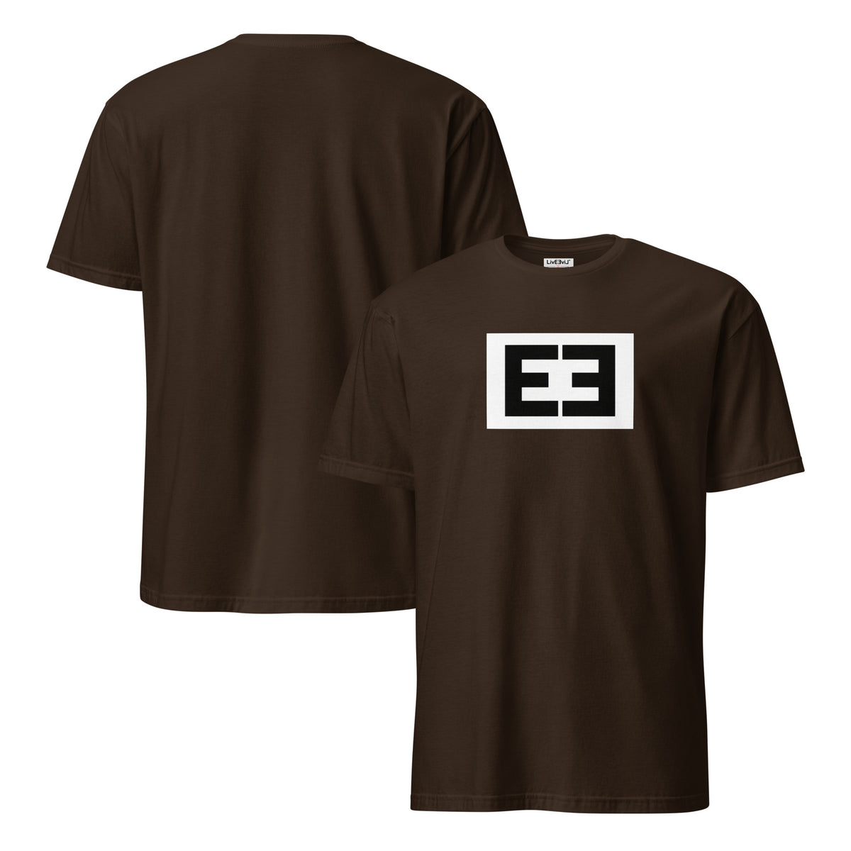 LivEƎvi⅃ 2OF3 Different on Purpose graphic tee in dark chocolate, front and back view