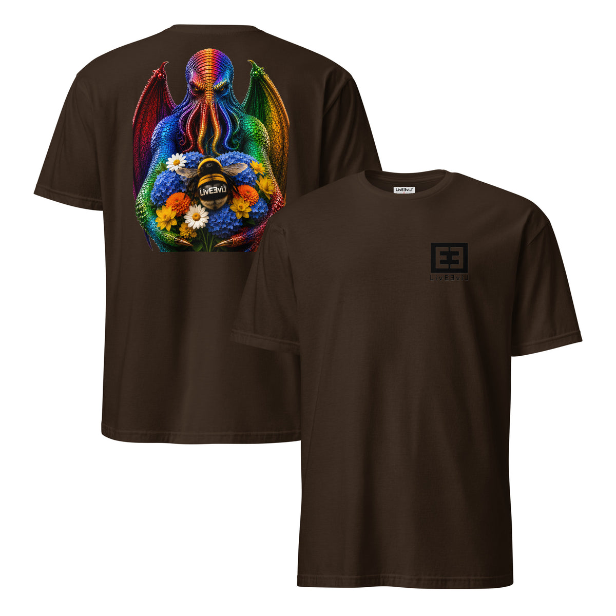 Cthulhu's Beautiful Flowers LivEƎvi⅃ graphic tee in dark chocolate, front and back view