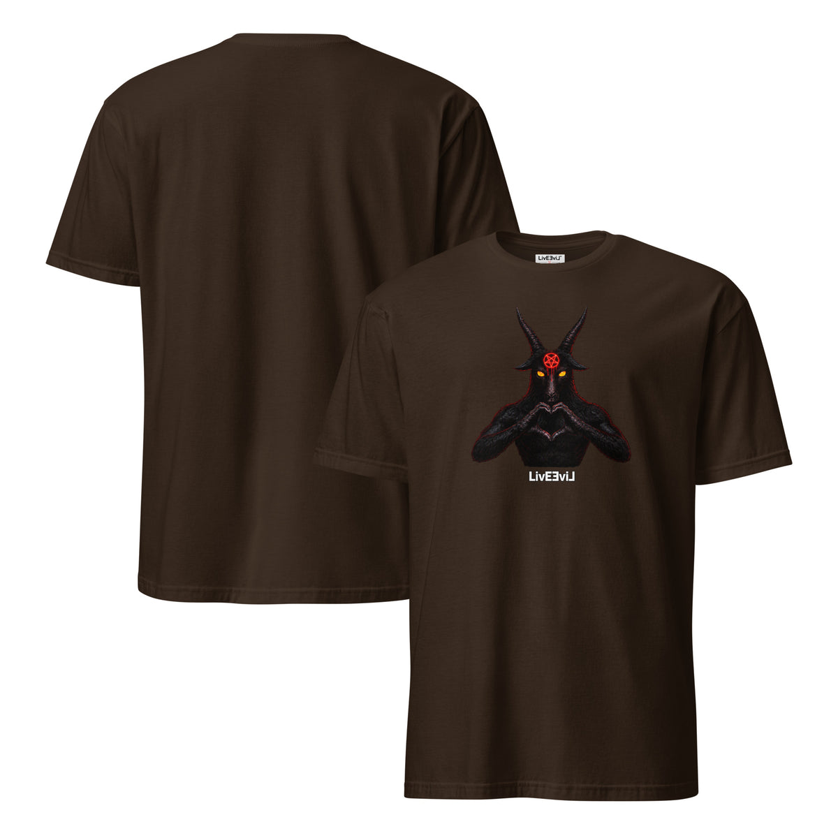 Baphomet Loves You LivEƎvi⅃ graphic tee in dark chocolate, front and back view