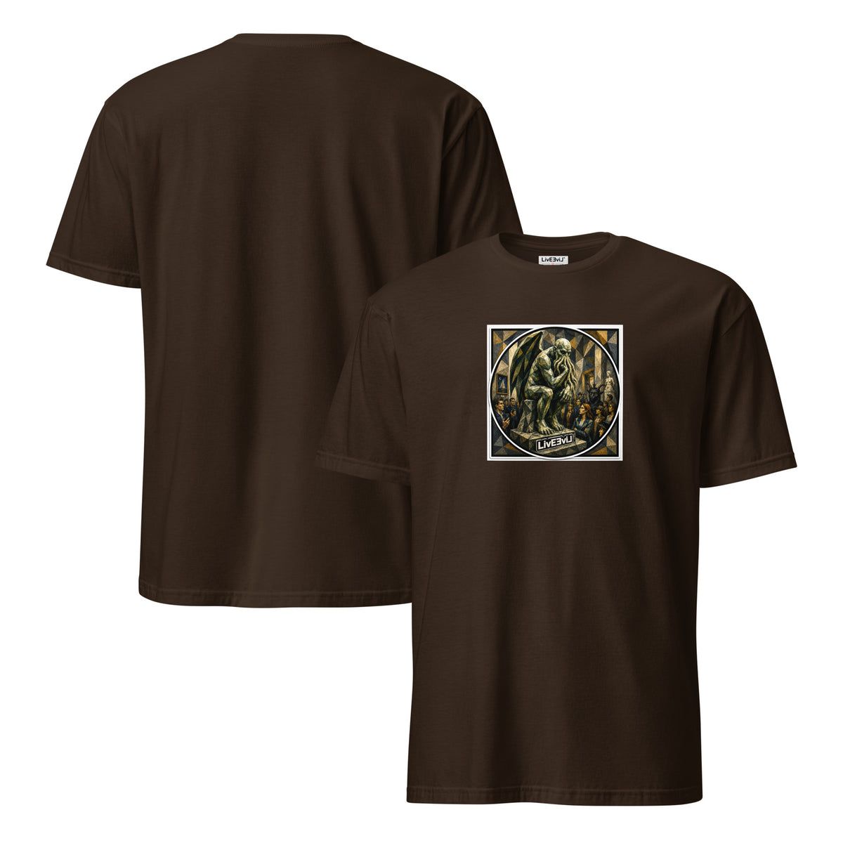 Cthulhu The Thinker LivEƎvi⅃ graphic tee in dark chocolate, front and back view