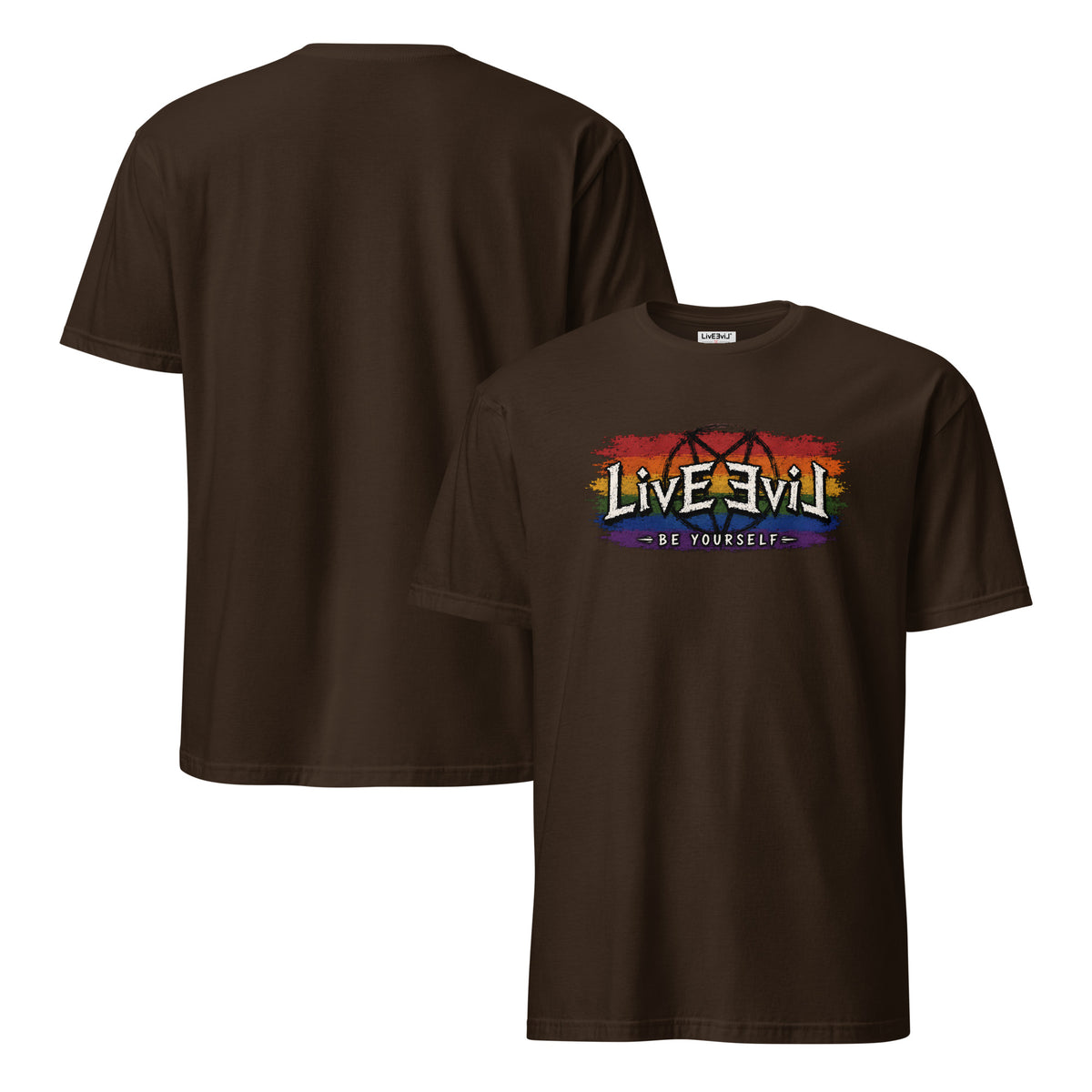 Be Yourself LivEƎvi⅃ graphic tee in dark chocolate, front and back view