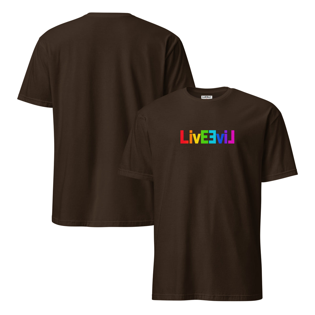 Rainbow Classic Logo LivEƎvi⅃ graphic tee in dark chocolate, front and back view