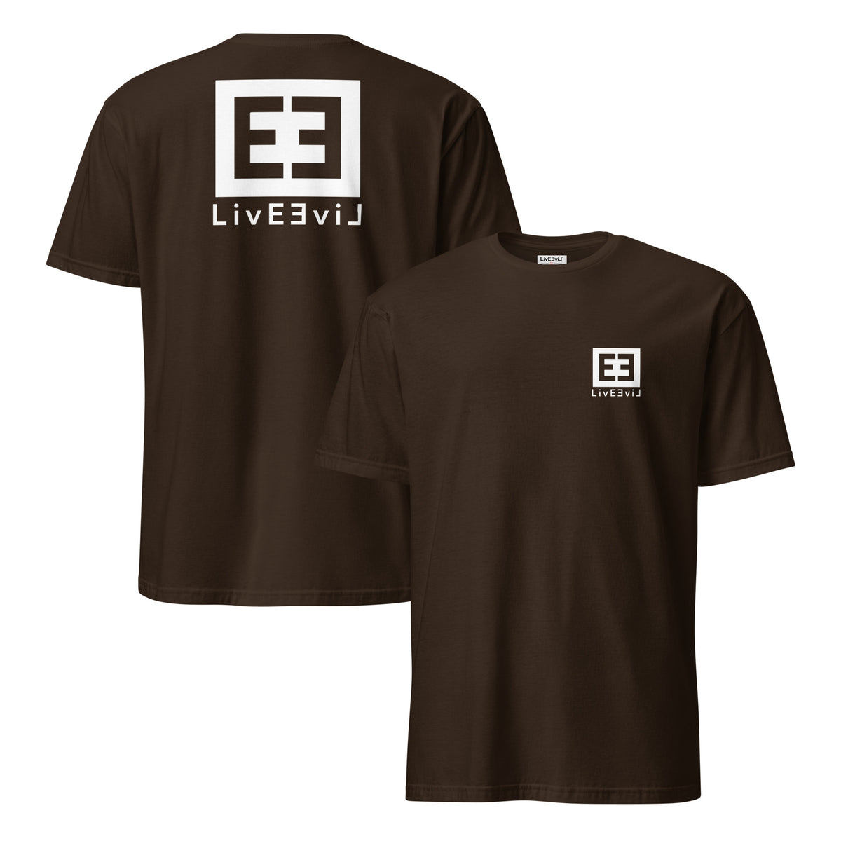 LivEƎvi⅃ 3OF3 graphic T-shirt in dark chocolate, front and back view