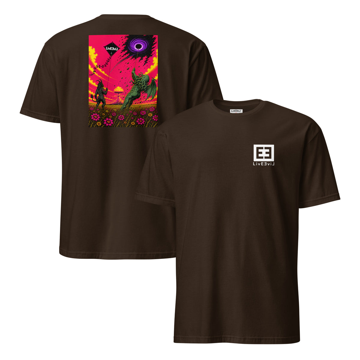 Kite Chaos LivEƎvi⅃ graphic T-shirt in dark chocolate, front and back view