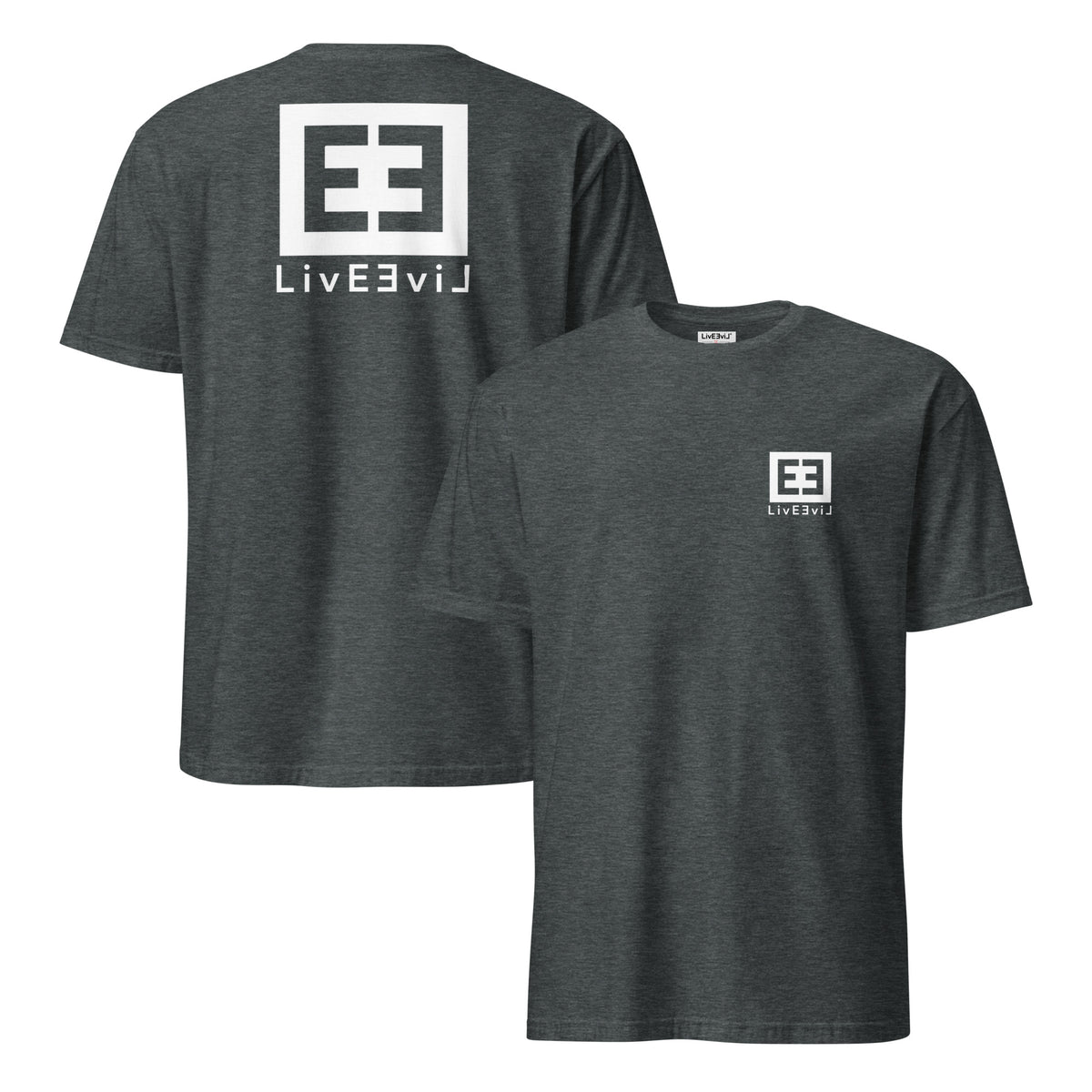 LivEƎvi⅃ 3OF3 graphic T-shirt in dark heather, front and back view
