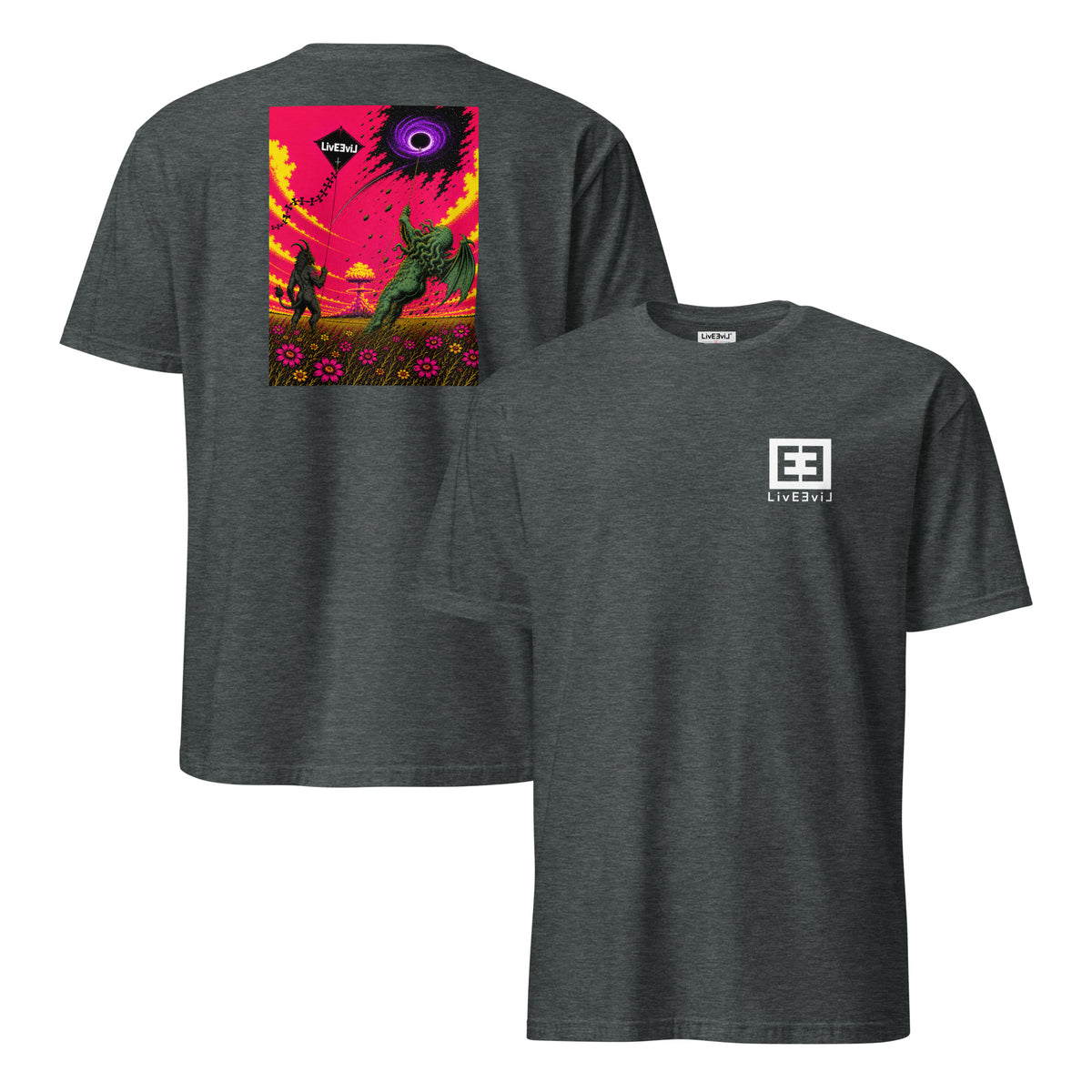 Kite Chaos LivEƎvi⅃ graphic T-shirt in dark heather, front and back view
