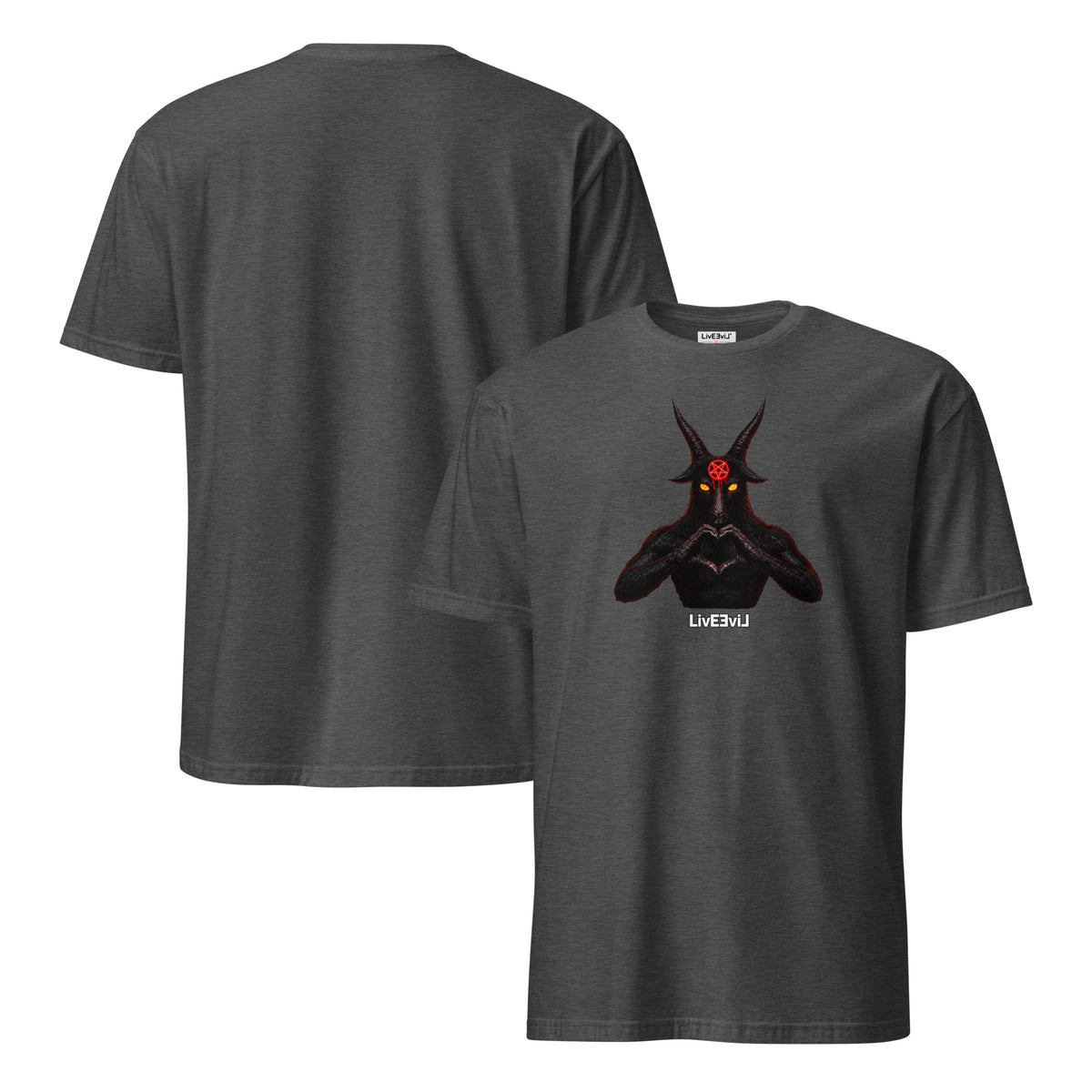 Baphomet Loves You LivEƎvi⅃ graphic tee in dark heather grey, front and back view