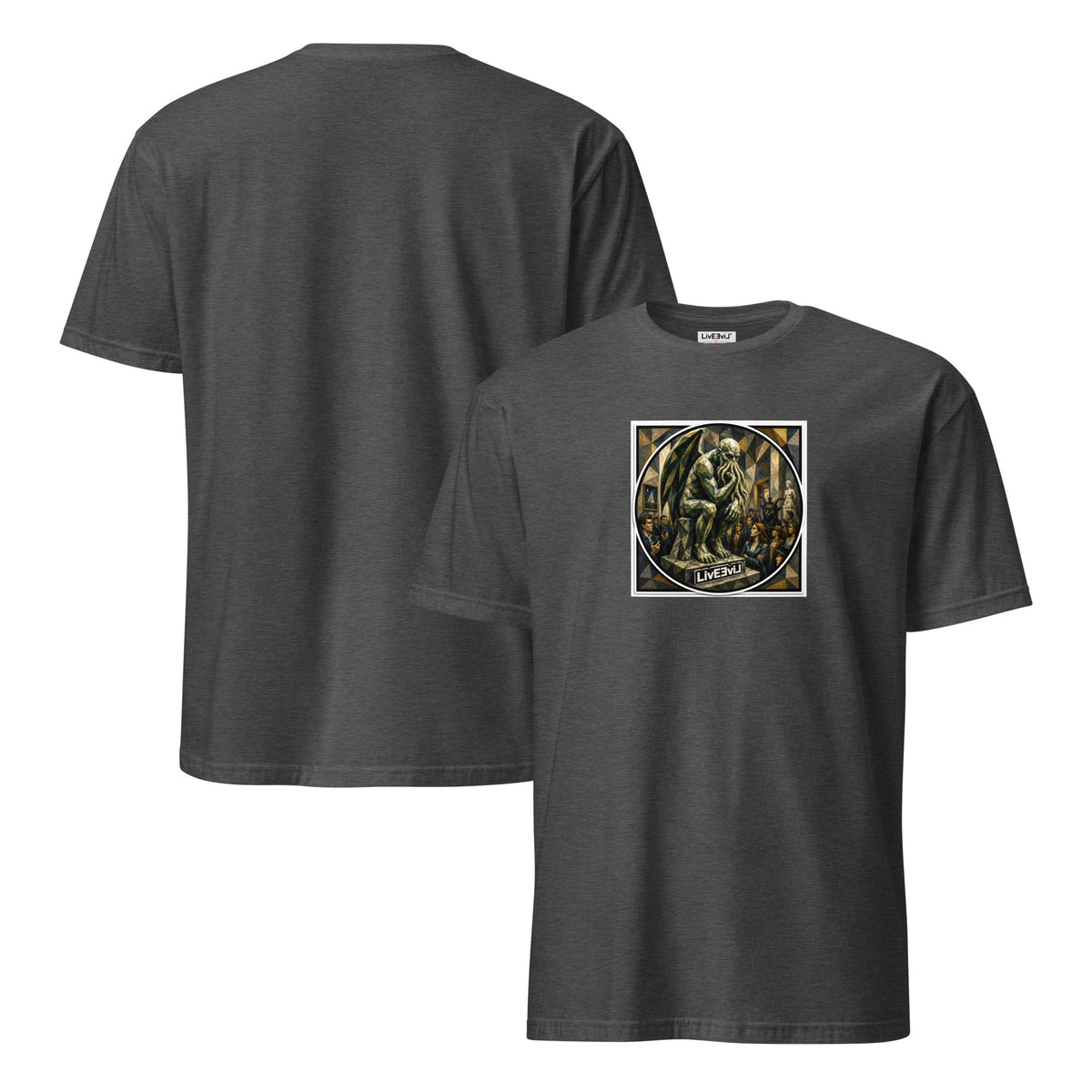 Cthulhu The Thinker LivEƎvi⅃ graphic tee in dark heather grey, front and back view