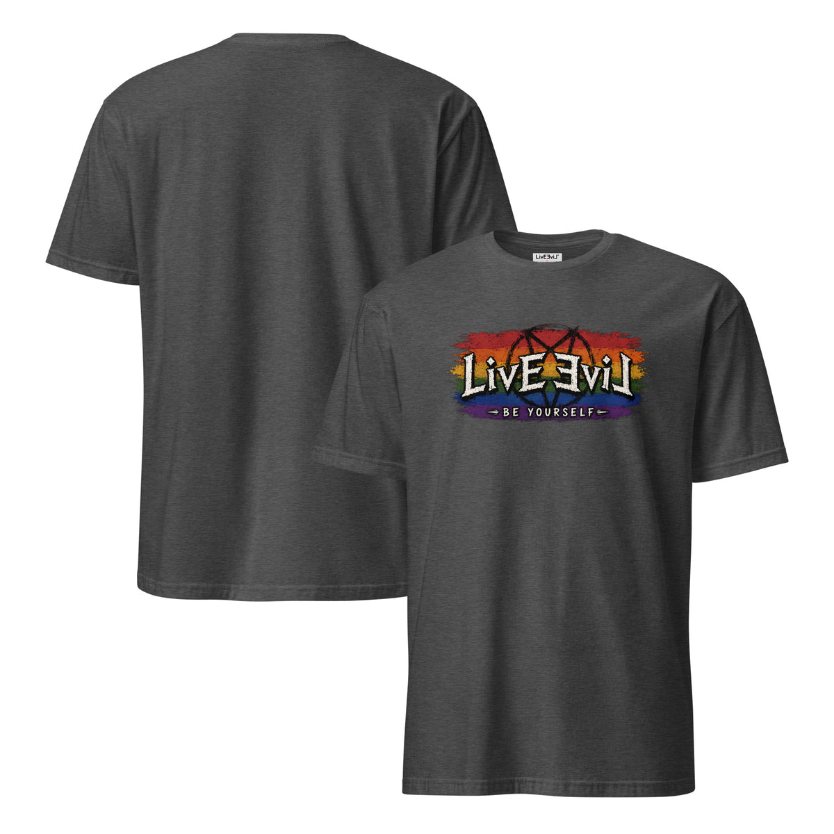 Be Yourself LivEƎvi⅃ graphic tee in dark heather grey, front and back view