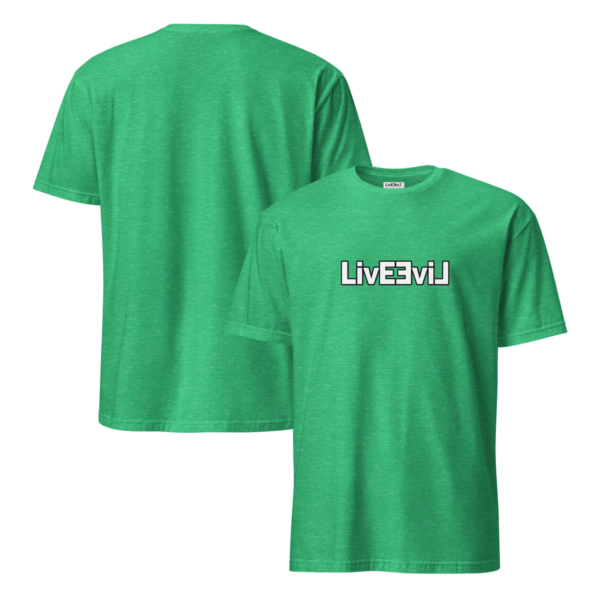 LivEƎvi⅃ 1OF3 logo graphic tee in heather Irish green, front and back view