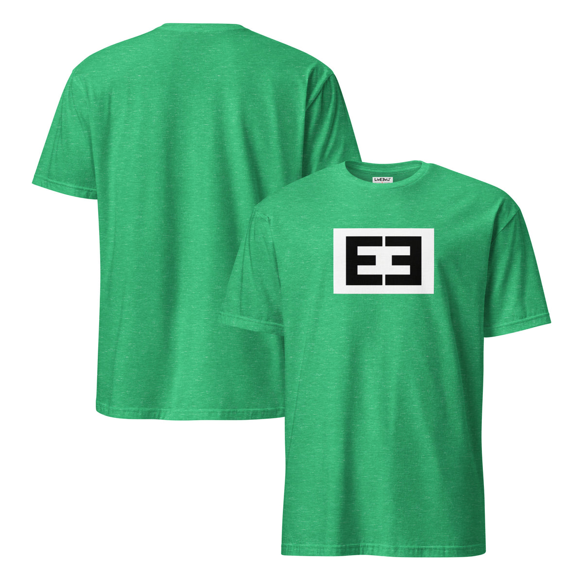 LivEƎvi⅃ 2OF3 Different on Purpose graphic tee in heather Irish green, front and back view