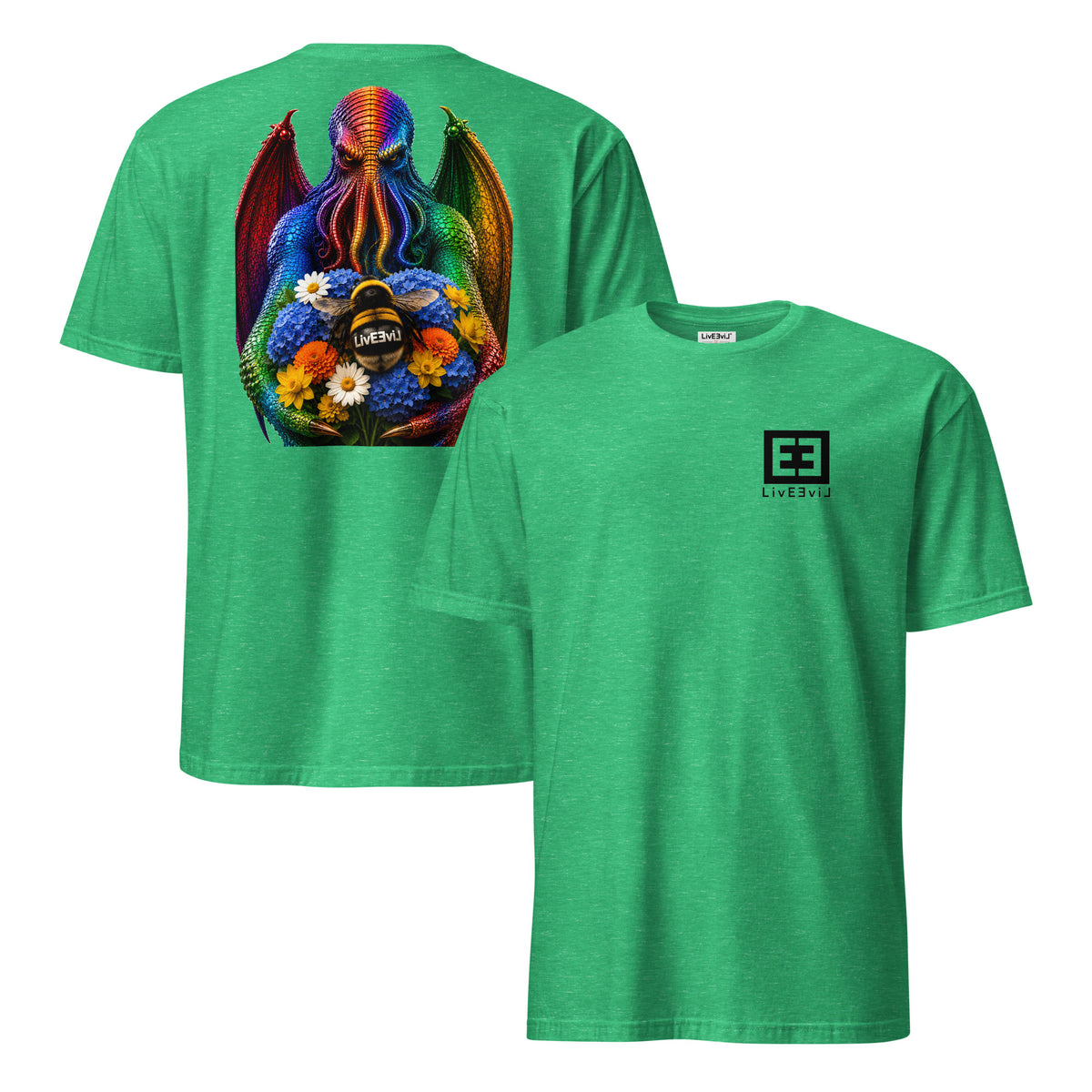 Cthulhu's Beautiful Flowers LivEƎvi⅃ graphic tee in heather Irish green, front and back view