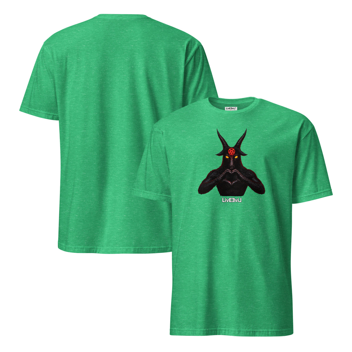 Baphomet Loves You LivEƎvi⅃ graphic tee in heather Irish green, front and back view