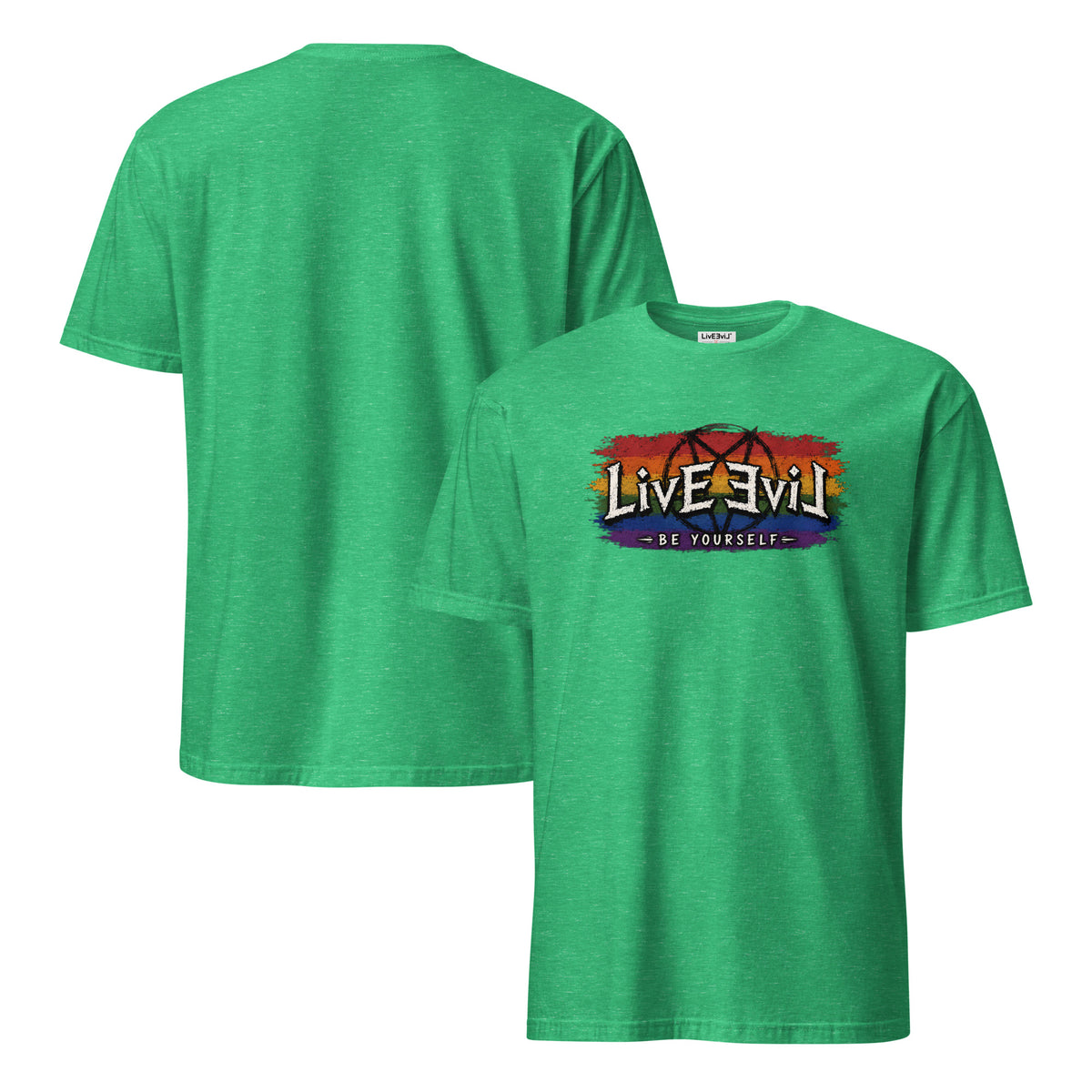 Be Yourself LivEƎvi⅃ graphic tee in heather Irish green, front and back view